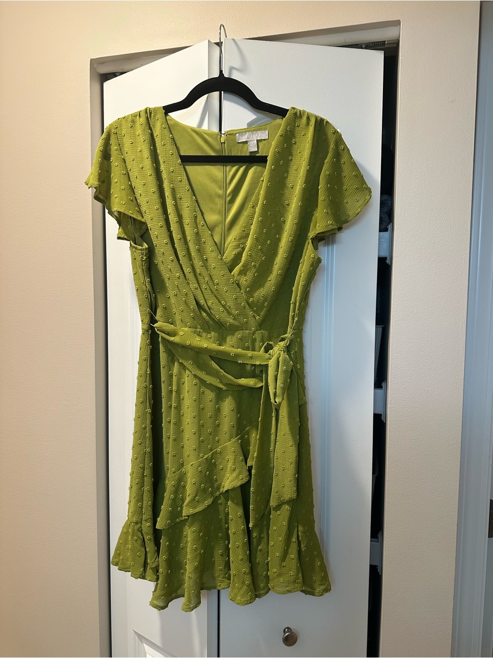Nordstrom Olive Green Textured Wrap Midi Dress with Ruffle Hem